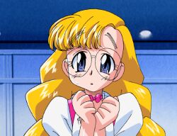 Rule 34 | 1999, 1girl, animated, animated gif, anna miller, blonde hair, blue eyes, blush, braid, choker, game cg, glasses, karin (viper), long hair, open mouth, own hands clasped, own hands together, pc-98 (style), pink choker, rimless eyewear, round eyewear, solo, surprised, sweat, twin braids, viper, viper gtb, viper v16, waitress