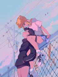 Rule 34 | 2girls, bird, bishoujo senshi sailor moon, bishoujo senshi sailor moon sailor stars, black hair, blonde hair, blue eyes, blue skirt, blush, casual, chain-link fence, double bun, earrings, eye contact, female focus, fence, hair bun, highres, jewelry, leaning on person, long hair, looking at another, low ponytail, marmaladica, miniskirt, multiple girls, outdoors, panties, pantyshot, pink panties, pleated skirt, power lines, sailor moon, seiya kou, shirt, shoes, sitting, sitting on fence, skirt, smile, sneakers, standing, sunset, t-shirt, track suit, tsukino usagi, twintails, underwear, upskirt, utility pole, very long hair, yuri
