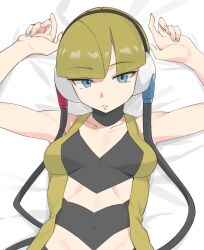 Rule 34 | 1girl, aqua eyes, arms up, bare arms, bed sheet, blonde hair, blunt bangs, breasts, cable, choker, collarbone, commentary request, covered navel, creatures (company), elesa (pokemon), game freak, grey nails, headphones, looking at viewer, lying, makino harumaki, medium breasts, nail polish, nintendo, on back, parted lips, pokemon, pokemon bw, solo, upper body