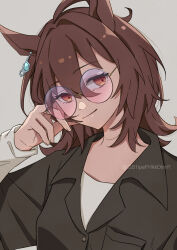 Rule 34 | 1girl, agnes tachyon (umamusume), ahoge, animal ears, brown hair, chemical structure, closed mouth, commentary request, earrings, green shirt, grey background, hair between eyes, horse ears, horse girl, jewelry, layered sleeves, long sleeves, messy hair, official alternate costume, red eyes, round eyewear, shirt, short hair, simple background, single earring, smile, solo, sunglasses, tinted eyewear, twitter username, umamusume, upper body, white shirt, yukidaruma1114