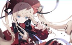 Rule 34 | 1girl, asphyxia17, black necktie, blonde hair, blue eyes, closed mouth, doll, dress, hair ornament, hat, highres, light blush, long hair, looking at viewer, necktie, outstretched arm, red dress, red hat, rozen maiden, shinku, sidelocks, simple background, solo, twintails, white background