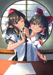Rule 34 | 2girls, amanoyayuki, bare shoulders, black hair, blush, bow, brown eyes, closed mouth, collared shirt, detached sleeves, hair between eyes, hair bow, hair tubes, hakurei reimu, hat, highres, holding, holding pen, japanese clothes, medium hair, multiple girls, nontraditional miko, one eye closed, paper, pen, pointy ears, pom pom (clothes), pout, red bow, red eyes, red headwear, shameimaru aya, shirt, short hair, short sleeves, sidelocks, tokin hat, touhou, white shirt, wide sleeves
