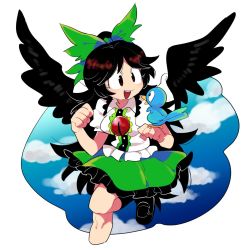 Rule 34 | 1girl, beak, bird, bird wings, black eyes, black footwear, black wings, blue bird, blue feathers, blue sky, bow, clenched hands, cloud, commentary request, feathered wings, feathers, furukawa (yomawari), green bow, green skirt, hair bow, looking at another, no nose, open mouth, reiuji utsuho, shirt, shoes, short sleeves, skirt, sky, touhou, white shirt, wings