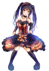 Rule 34 | 10s, 1girl, black hair, black legwear, boots, breasts, cleavage, clothes lift, date a live, dress, dress lift, full body, hairband, heterochromia, large breasts, lolita hairband, red eyes, solo, tokisaki kurumi, twintails, wingheart, yellow eyes