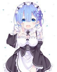 Rule 34 | 10s, 1girl, :d, black ribbon, blue eyes, blue hair, blush, breasts, commentary request, cowboy shot, detached sleeves, dress, frilled dress, frilled sleeves, frills, hair between eyes, hair ornament, hair ribbon, hand up, highres, large breasts, long sleeves, looking at viewer, maid, maid headdress, open mouth, purple ribbon, re:zero kara hajimeru isekai seikatsu, rem (re:zero), ribbon, ribbon-trimmed clothes, ribbon trim, round teeth, short hair, simple background, smile, solo, sora (otohasora), standing, teeth, underbust, white background, wide sleeves, x hair ornament
