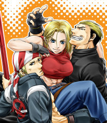 Rule 34 | 1girl, 2boys, abs, billy kane, blonde hair, blue eyes, blue mary, fang, fatal fury, gloves, multiple boys, muscular, short hair, smile, snk, the king of fighters, yamazaki ryuuji