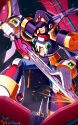 Rule 34 | armor, battle, black armor, black helmet, chest jewel, clenched teeth, forehead jewel, highres, holding, holding sword, holding weapon, mega man (series), mega man x (series), partially shaded face, serious, shoulder armor, signas (mega man), sparks, sword, teeth, twitter username, weapon, xenon (xenonb)