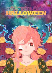 Rule 34 | 1girl, absurdres, artist name, bow, chainsaw man, chikidney, closed mouth, collarbone, cosmo (chainsaw man), dangling eye, english text, exposed brain, hair ribbon, hat, heart, heart-shaped pupils, highres, jack-o&#039;-lantern, looking at viewer, medium hair, one eye closed, orange bow, pink hair, pumpkin, pumpkin print, ribbon, short twintails, smile, solo, space, star (sky), symbol-shaped pupils, twintails, upper body, witch hat