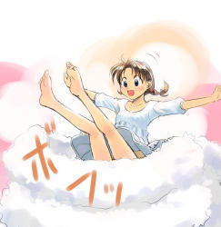 Rule 34 | 1girl, barefoot, blush, braid, brown hair, dress, feet, ikeda jun (mizutamari), legs up, open mouth, original, outstretched arms, single braid, sitting, smile, soles, solo, spread arms, toes, white dress