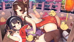 Rule 34 | 2girls, ahoge, all fours, ass, azur lane, bangle, bird, black hair, black legwear, body writing, bracelet, breasts, brown hair, brush, chick, china dress, chinese clothes, covered navel, dress, fireworks, flat chest, hair ornament, hairband, highres, jewelry, kinjo kuromomo, lantern, long hair, looking at viewer, looking to the side, lying, medium breasts, multiple girls, ning hai (azur lane), official art, official wallpaper, on back, open mouth, outdoors, panties, paper lantern, ping hai (azur lane), purple dress, purple eyes, red dress, red eyes, side-tie panties, side slit, snowing, string panties, thighhighs, twintails, underwear, wallpaper, wavy mouth