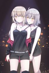 Rule 34 | 2girls, absurdres, ahoge, artoria pendragon (all), artoria pendragon (fate), bare arms, bare legs, bare shoulders, belt, blonde hair, boots, breasts, cleavage cutout, clothing cutout, coat, eyebrows hidden by hair, fate/grand order, fate (series), grey hair, highres, holding hands, jeanne d&#039;arc (fate), jeanne d&#039;arc alter (fate), jeanne d&#039;arc alter (ver. shinjuku 1999) (fate), long hair, multiple girls, neck, night, official alternate costume, saber alter, saber alter (ver. shinjuku 1999) (fate), short hair, shorts, sii artatm, skirt, tongue, tongue out, wicked dragon witch ver. shinjuku 1999, yellow eyes