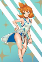 Rule 34 | 1girl, absurdres, breasts, creatures (company), feet out of frame, fleyr, game freak, green eyes, hand on own hip, highres, holding, holding poke ball, misty (pokemon), nintendo, one-piece swimsuit, orange hair, parted lips, poke ball, pokemon, pokemon hgss, short hair, small breasts, smile, solo, swimsuit, thighs, white one-piece swimsuit