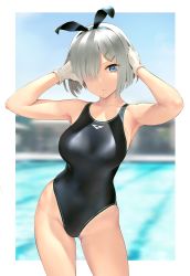 Rule 34 | 1girl, animal ears, blue eyes, blue one-piece swimsuit, breasts, collarbone, competition swimsuit, cowboy shot, fake animal ears, gloves, hair ornament, hair over one eye, hairclip, hamakaze (kancolle), highres, kantai collection, looking at viewer, medium breasts, neckerchief, one-piece swimsuit, outdoors, outside border, pool, rabbit ears, short hair, silver hair, solo, swimsuit, wa (genryusui), water, white gloves, yellow neckerchief