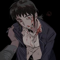 Rule 34 | 1girl, 1other, black hair, black jacket, blood, blood on clothes, blood on face, chinese commentary, collar grab, collared jacket, collared shirt, commentary request, grin, highres, jacket, long hair, long sleeves, looking at viewer, muted color, nosebleed, original, pov, red eyes, scar, scar across eye, sharp teeth, shirt, sidelocks, smile, solo focus, spoken expression, teeth, yulei yuuuuu