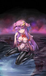 Rule 34 | 1girl, black pantyhose, blunt bangs, breasts, crescent, crescent hair ornament, crescent hat ornament, crescent pin, dress, hair ornament, hat, hat ornament, highres, large breasts, long hair, looking at viewer, mob cap, namiki (remiter00), nipples, no bra, pantyhose, partially submerged, patchouli knowledge, purple dress, purple eyes, purple hair, purple hat, see-through, sitting, solo, striped clothes, striped dress, touhou, vertical-striped clothes, vertical-striped dress, very long hair, wariza, wet, wet clothes