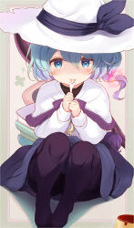 Rule 34 | 1girl, blue eyes, blue hair, blue skirt, blush, book, book stack, border, bow, brown border, capelet, commentary request, dot nose, flower, food, full body, hat, hat bow, highres, holding, holding spoon, jewelry, knees up, komone ushio, looking at viewer, motion lines, necklace, no shoes, original, pantyhose, pudding, purple bow, purple pantyhose, ribbed shirt, shirt, short hair, sitting, skirt, smile, solo, spoon, utensil in mouth, white background, white hat