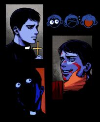 Rule 34 | 2boys, black background, blood, blood from mouth, blood on face, cassock, character request, check character, chibi, chibi inset, clerical collar, collage, commentary request, cross, face in shadow, faith (game), gary miller, grey background, grin, hand on another&#039;s face, high contrast, highres, holding, holding cross, john ward, korean commentary, looking at another, male focus, multiple boys, multiple monochrome, multiple views, nervous sweating, neunnaek, out of frame, portrait, priest, scared, serious, short hair, smearing, smile, sweat, wide-eyed