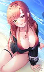 Rule 34 | 1girl, blush, breasts, cleavage, heterochromia, highres, hololive, houshou marine, houshou marine (summer), jacket, jewelry, large breasts, long hair, looking at viewer, open mouth, primamiya, red eyes, red hair, red jacket, sitting, smile, solo, swimsuit, thigh strap, virtual youtuber, yellow eyes