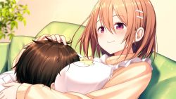 Rule 34 | 1boy, 1girl, apron, between breasts, blurry, blurry background, blush, breasts, brown hair, closed mouth, comforting, couch, depth of field, fingernails, hair between eyes, hair ornament, hairclip, hand on another&#039;s head, head between breasts, headpat, hiraga matsuri, indoors, large breasts, long sleeves, looking to the side, orange hair, orange sweater, original, pink eyes, plant, potted plant, ribbed sweater, shirt, short hair, sitting, smile, sweater, white apron, white shirt