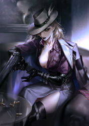 Rule 34 | 1girl, 52976, black gloves, black lips, blonde hair, breasts, bullet, cigarette, cleavage, collared shirt, earrings, elbow gloves, gloves, green eyes, gun, hat, hat feather, highres, holding, holding weapon, jacket, jacket on shoulders, jewelry, langley (path to nowhere), medium breasts, path to nowhere, red shirt, shirt, sitting, smoke, weapon