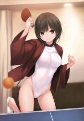 Rule 34 | 1girl, absurdres, aoyama sumika, ball, black hair, brown eyes, coffee-kizoku, highres, holding, holding paddle, indoors, leg up, leotard, long sleeves, looking at viewer, original, paddle, parted lips, sandals, scan, short hair, simple background, smile, solo, table tennis ball, table tennis paddle