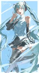Rule 34 | 1girl, absurdres, black skirt, black thighhighs, blue background, blue eyes, blue hair, chamuring, detached sleeves, hair between eyes, hatsune miku, highres, necktie, shirt, skirt, sleeveless, sleeveless shirt, smile, solo, thighhighs, twintails, vocaloid
