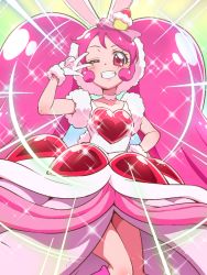 Rule 34 | 10s, 1girl, a la mode style (precure), animal ears, bow, cake hair ornament, choker, cropped legs, cure whip, cure whip (a la mode style), dress, food-themed hair ornament, gloves, grin, hair bow, hair ornament, hand on own hip, kirakira precure a la mode, layered dress, long hair, looking at viewer, magical girl, one eye closed, pink bow, pink hair, precure, rabbit ears, red eyes, smile, solo, sparkle, tj-type1, usami ichika, v, white gloves, white neckwear