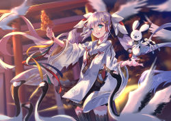 Rule 34 | 1girl, :d, absurdres, bird, blue eyes, cowboy shot, crane (animal), crane (machine), floating hair, hatsune miku, highres, holding, long hair, open mouth, outdoors, outstretched arm, rabbit, red-crowned crane, silver hair, smile, solo, standing, striped clothes, striped thighhighs, thighhighs, torii, twintails, vertical-striped clothes, vertical-striped thighhighs, very long hair, vocaloid, yuki miku, yuzhi