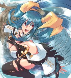 Rule 34 | 1girl, angel wings, asymmetrical wings, bare shoulders, black gloves, blue hair, bow, breasts, dizzy (guilty gear), feathered wings, fingerless gloves, gloves, guilty gear, guilty gear xrd, hair bow, hair rings, highres, large breasts, long hair, long sleeves, looking at viewer, mariebell, open mouth, red eyes, ribbon, wide sleeves, wings, yellow ribbon
