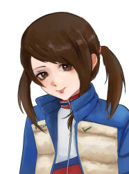 Rule 34 | 1girl, aged up, blue jacket, brown eyes, brown hair, closed mouth, doujima nanako, down jacket, highres, jacket, long hair, looking at viewer, n7grey, open clothes, open jacket, persona, persona 4, persona 5, prototype design, short twintails, simple background, smile, solo, twintails, upper body, white background, white jacket, zipper