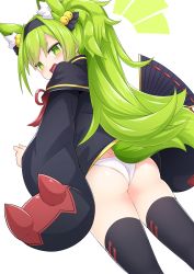Rule 34 | 1girl, ^^^, absurdres, animal ear fluff, animal ears, ass, azur lane, bell, black thighhighs, blush, cat ears, cat tail, commission, cowboy shot, dutch angle, fang, folding fan, from behind, green eyes, green hair, hair bell, hair ornament, hairband, hand fan, highres, isokaze (azur lane), isokaze (new year&#039;s campaign) (azur lane), jingle bell, kandori, long hair, long sleeves, looking at viewer, looking back, official alternate costume, open mouth, panties, ponytail, simple background, skeb commission, skin fang, solo, tail, thick eyebrows, thighhighs, underwear, white background, white panties, wide sleeves