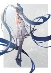 Rule 34 | 1girl, absurdly long hair, aono 99, aqua eyes, aqua hair, arms behind back, bare shoulders, character name, diffraction spikes, dress, expressionless, floral background, from side, full body, grey background, hair ornament, hatsune miku, highres, lens flare, long hair, miku symphony (vocaloid), neck ribbon, pleated skirt, ribbon, skirt, solo, strapless, strapless dress, thigh strap, twintails, very long hair, vocaloid, white dress, white footwear, white skirt