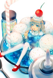 Rule 34 | 1girl, blue eyes, brown hair, cherry, cup, drinking straw, food, fruit, glass, hair ribbon, ice cream, in container, in cup, in food, mary janes, mini person, minigirl, original, parfait, ribbon, shiu (pika), shoes, solo, spoon, sprinkles, thighhighs, twintails, whipped cream