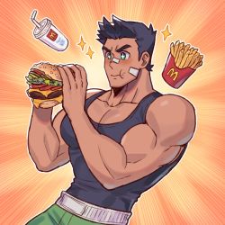 1boy, bandaid, bandaid on cheek, bandaid on nose, bara, bare shoulders, biceps, black tank top, blush, cowboy shot, eating, food, french fries, green pants, hamburger, highres, holding, holding food, large pectorals, little mac, male cleavage, male focus, mcdonald&#039;s, muscular, muscular male, nintendo, oneirio, pants, punch-out!!, short hair, solo, sparkle, sparkling eyes, super smash bros., tank top