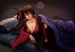Rule 34 | 1girl, @ @, azur lane, blanket, blush, breasts, brown eyes, brown hair, cleavage, futon, hair ribbon, hey taisyou, japanese clothes, kimono, large breasts, long hair, long sleeves, looking at viewer, lying, on floor, on side, open mouth, pillow, red kimono, red ribbon, ribbon, side ponytail, solo, sweat, tatami, wide sleeves, zuikaku (azur lane)
