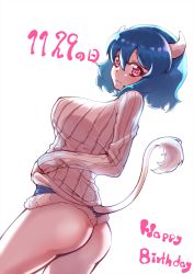 Rule 34 | 1girl, aruku001, ass, blue hair, blue shorts, blush, breasts, cow girl, cow horns, cow tail, dated, happy birthday, highres, horns, jashin-chan dropkick, large breasts, looking at viewer, micro shorts, minos (jashin-chan dropkick), red eyes, short hair, shorts, simple background, smile, solo, sweater, tail, white background