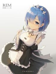 Rule 34 | 1girl, blue eyes, blue hair, blush, breasts, cleavage, commentary request, detached sleeves, dress, eyes visible through hair, flower, frills, hair ornament, hair over one eye, hair ribbon, highres, holding, holding flower, large breasts, looking at viewer, maid, maid headdress, pangbai 666, pink ribbon, re:zero kara hajimeru isekai seikatsu, rem (re:zero), ribbon, short hair, sleeves past fingers, sleeves past wrists, smile, solo, x hair ornament