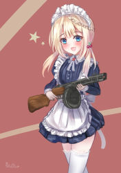 Rule 34 | 1girl, absurdres, apron, artist name, blonde hair, blue eyes, blush, braid, cherry hair ornament, dress, food-themed hair ornament, girls&#039; frontline, gun, hair ornament, hand on weapon, highres, jewelry, long hair, looking at viewer, maid, maid apron, maid headdress, martinreaction, neck ribbon, necklace, open mouth, ppsh-41, ppsh-41 (girls&#039; frontline), red background, ribbon, simple background, solo, soviet, star (symbol), star necklace, submachine gun, thighhighs, weapon, white thighhighs