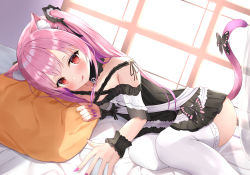 Rule 34 | 1girl, :q, animal ears, bare shoulders, bed, cat ears, cat tail, collarbone, dress, dutch angle, earrings, fingernails, flat chest, frilled dress, frilled thighhighs, frills, gothic lolita, highres, hololive, jewelry, licking lips, lolita fashion, long hair, looking at viewer, lying, nail polish, off-shoulder dress, off shoulder, on bed, on side, pink hair, pink nails, raised eyebrows, red eyes, saki (saki paint), scrunchie, short dress, skull earrings, slit pupils, solo, sunlight, tail, thighhighs, tongue, tongue out, two side up, uruha rushia, uruha rushia (3rd costume), virtual youtuber, white thighhighs, window, wrist scrunchie