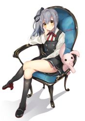 Rule 34 | 10s, 1girl, 3:, 3:&lt;, bad id, bad pixiv id, black dress, black skirt, black socks, chair, crossed legs, dress, from above, full body, hair between eyes, hand on own cheek, hand on own face, head rest, highres, kantai collection, kasumi (kancolle), kasumi kai ni (kancolle), kneehighs, long hair, looking at viewer, mary janes, miniskirt, pinafore dress, serious, shadow, shoes, side ponytail, silver hair, sitting, skirt, sleeveless, sleeveless dress, socks, solo, stuffed animal, stuffed rabbit, stuffed toy, thighs, v-shaped eyebrows, yakusuke, yellow eyes