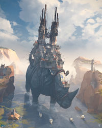 Rule 34 | animal, animal focus, banner, bird, castle, chimney, cliff, cloud, cloudy sky, day, fleur-de-lis, gregory fromenteau, harness, highres, no humans, original, outdoors, oversized animal, rhinoceros, sailing ship, scenery, ship, sky, tower, towing, tree, watercraft