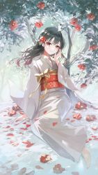 Rule 34 | 1girl, absurdres, barefoot, black hair, bow, dappled sunlight, day, floating hair, flower, foliage, gradient hair, hair between eyes, hair flower, hair ornament, hand on own face, highres, japanese clothes, kimono, leaf, light blush, long hair, looking at viewer, multicolored hair, obi, original, plant, red eyes, red flower, red sash, ribbon, sash, sitting, smile, solo, sunlight, toumin (onemunemu99), tree, white kimono, wide sleeves, yamato nadeshiko (style), yellow bow, yellow ribbon