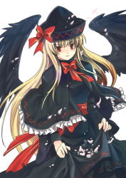 Rule 34 | 1girl, bad id, bad pixiv id, black wings, blonde hair, capelet, female focus, hat, light smile, lily black, lily white, long hair, petals, red eyes, skirt basket, solo, ssz, szuinyo, touhou, wings