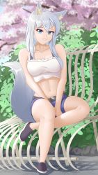 Rule 34 | 1girl, absurdres, animal ears, belt, bench, blue eyes, crop top, fluffy, fox ears, fox girl, fox tail, grin, highres, looking at viewer, original, self-upload, shoes, shorts, smile, tail, takie arts, white hair, white tail
