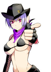 Rule 34 | 1girl, ayane (doa), bare shoulders, bikini, bikini top only, black bikini, black gloves, blush, breasts, closed mouth, cowboy hat, dead or alive, elbow gloves, finger gun, fingerless gloves, foreshortening, gloves, hat, konishiki (52siki), large breasts, looking at viewer, navel, pointing, pointing at viewer, purple eyes, purple hair, purple scarf, scarf, short hair, smile, solo, stomach, swimsuit, tecmo, upper body