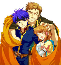 Rule 34 | 1girl, 2boys, age difference, bad id, bad pixiv id, belt, blue eyes, blue hair, blush, brother and sister, brown hair, cape, family, father and daughter, father and son, fire emblem, fire emblem: path of radiance, gloves, greil, grin, group hug, guttary, hair tubes, happy, headband, headpat, hug, ike (fire emblem), mist (fire emblem), multiple boys, nintendo, short hair, siblings, smile