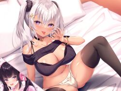 Rule 34 | 2girls, arm support, bed sheet, black bra, black hair, blunt bangs, blush, bra, breasts, choker, cleavage, collarbone, commentary request, covered erect nipples, dark skin, earrings, fellatio gesture, grey hair, gyaru, hair between eyes, hair ornament, hair scrunchie, headphones, highres, index finger raised, itsuki jun, jewelry, kogal, lace, lace-trimmed bra, lace trim, large breasts, long hair, multiple girls, multiple views, navel, non-web source, on bed, open mouth, original, pillow, purple eyes, purple shirt, ribbed sweater, scrunchie, shirt, short shorts, shorts, sitting, smile, star (symbol), star hair ornament, stomach, sweater, tan, thighhighs, tongue, tongue out, twintails, twitter username, underwear, white hair, white shorts