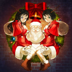 Rule 34 | 2girls, black hair, blue eyes, boots, christmas, green eyes, hat, long hair, madoi shiroo, multiple girls, sack, santa claus, santa costume, santa hat