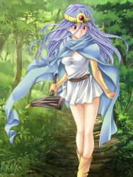 Rule 34 | 1girl, belt, blue hair, boots, cape, chunsoft, circlet, dragon quest, dragon quest iii, dress, enix, forest, highres, long hair, nature, red eyes, sage (dq3), solo, staff, tamamon