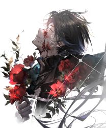 Rule 34 | 1boy, absurdres, arknights, black gloves, black hair, blood, blood on face, brown eyes, cropped torso, dongsheng, flower, from side, gloves, highres, looking away, looking up, male focus, portrait, profile, red flower, short hair, simple background, solo, white background, zhuo (arknights)